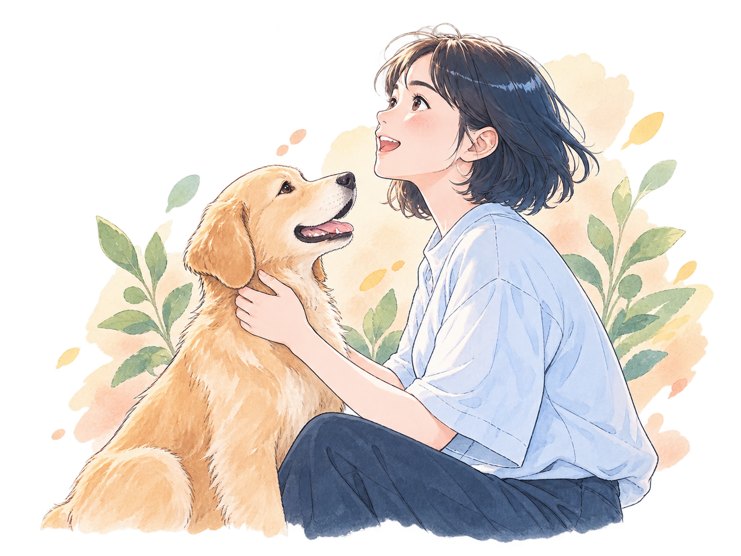 犬に寄り添い、空を見上げる女性の水彩イラスト