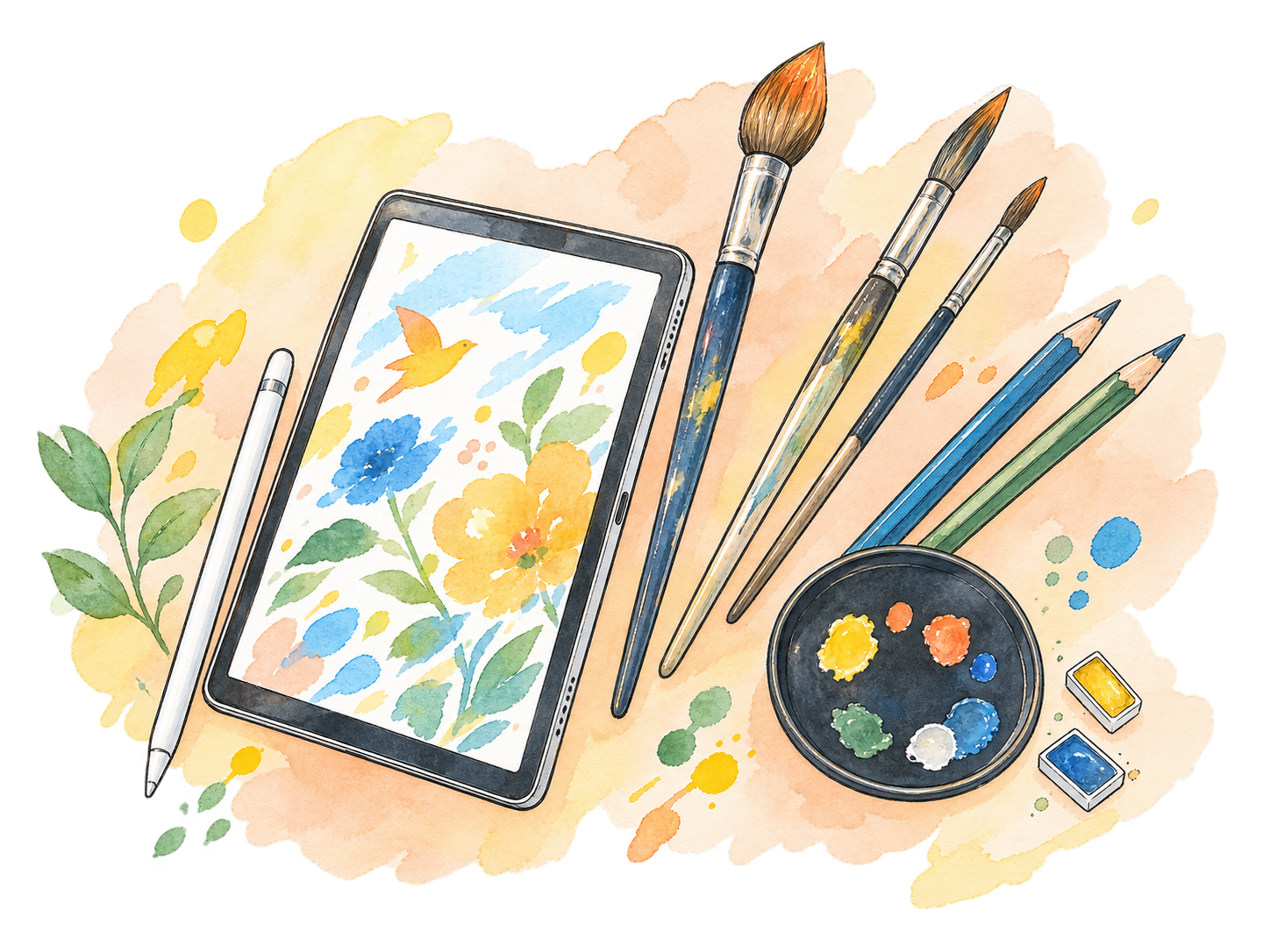 タブレット、絵筆、色鉛筆とパレット